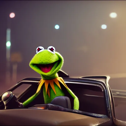 Image similar to kermit driving a car, wlop, marrakech, cinematic lighting, hyperdetailed, 8 k realistic, symmetrical, global illumination, radiant light,, frostbite 3 engine, cryengine, dof, trending on artstation, digital art, chanel