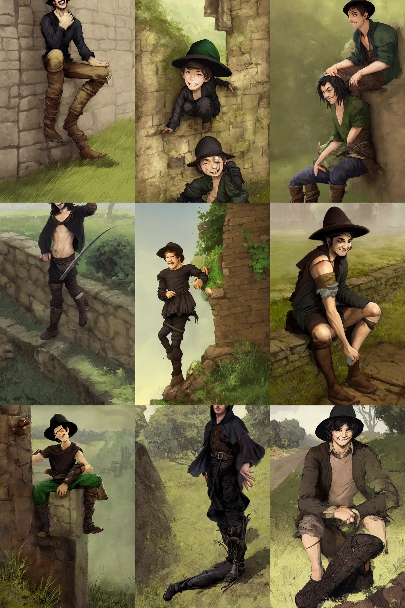 Prompt: medieval young male thief sitting on a stand alone wall on a field by the side of a road, smiling, long black hair, black felt hat and washed out green olive shirt by stanley artgerm lau, wlop, rossdraws, frank frazetta, andrei riabovitchev, marc simonetti, tranding on artstation