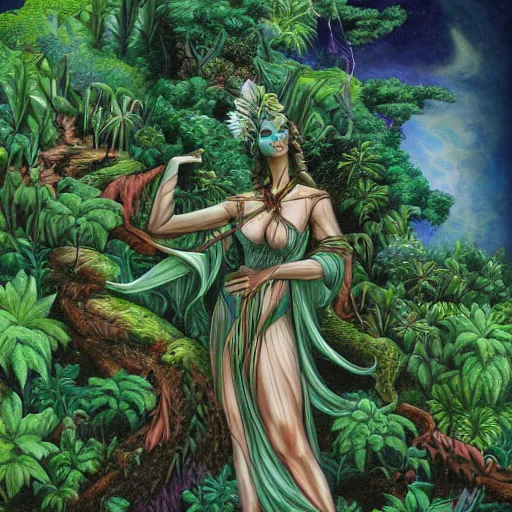 Image similar to earth goddess surveys her domain, plants erupting from the ground, high detail