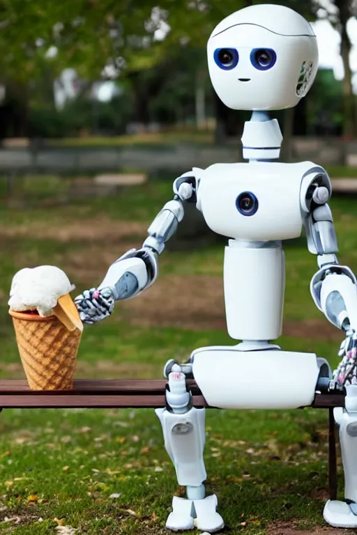 Prompt: a robot sitting on a bench eating ice cream