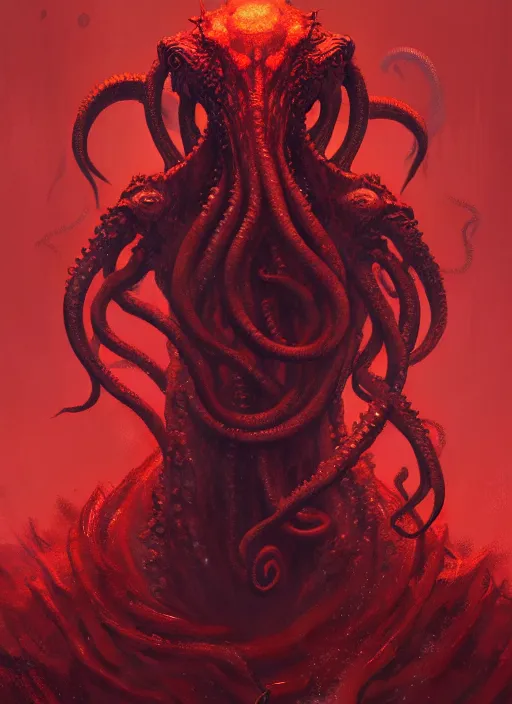 Prompt: painting of a cthulhu, highly detailed, digital painting, concept art, smooth, sharp focus, illustration, illustration by greg rutkowski, yoji shinkawa, 4 k, digital art, concept art, red color, trending on artstation, 8 k