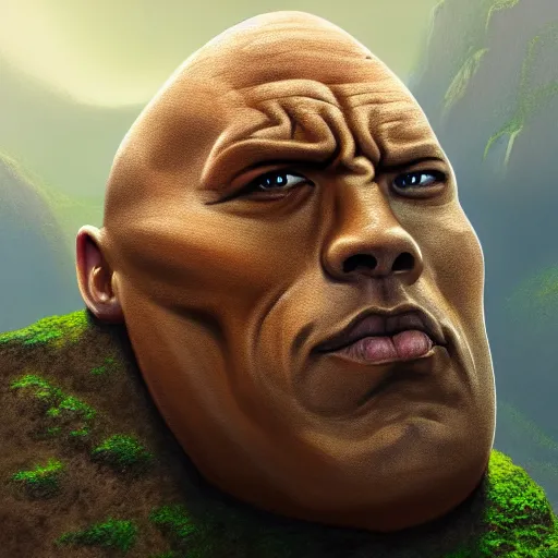 Prompt: a big rock with the face of dwayne johnson carved on it, highly detailed, digital painting, artstation, concept art, smooth, sharp focus