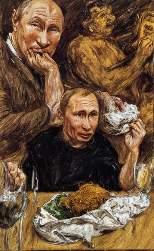 Image similar to Putin eating used diapers covered in brown substance at a dinner table, Putin portrait, brown liquid dripping down mouth, face of fear, ugly body painted by Lucian Freud, Jenny Saville, Ilya Repin