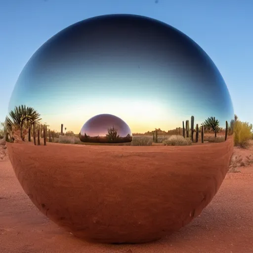 Prompt: a large copper ball with a mirror finish site in the arizona desert, photorealistic