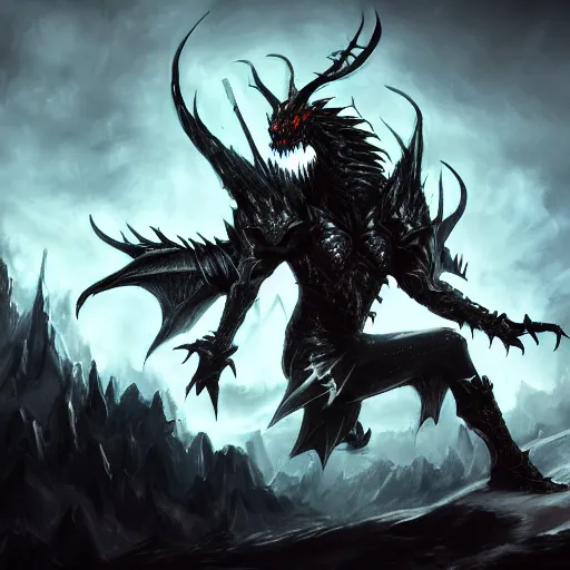 Image similar to dark fantasy concept of a vampire dragon god, with dark matter and molten armor on a mountain, cinematic, dynamic lighting, photorealistic, ultra detailed, trending on art station, stunning visuals, creative, hyper detailed