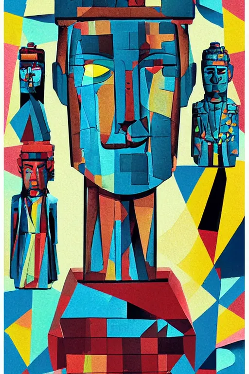 Image similar to cubist moai statue cutout digital illustration cartoon colorful beeple