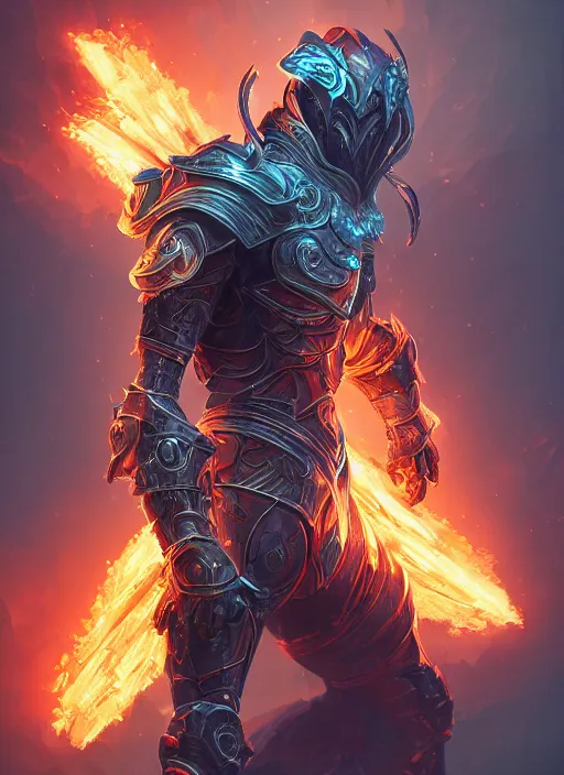 Prompt: a highly detailed illustration of futuristic cyber knight with flaming plume, rigid bulky armor, glowing line cracks in armor, dramatic standing pose, intricate, elegant, highly detailed, centered, digital painting, artstation, concept art, smooth, sharp focus, league of legends concept art, WLOP