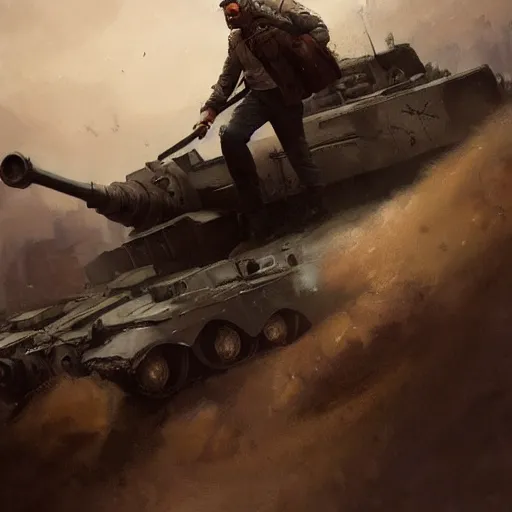 Image similar to A young man riding the front of a tank, town, by Greg Rutkowski, painting, trending on artstation