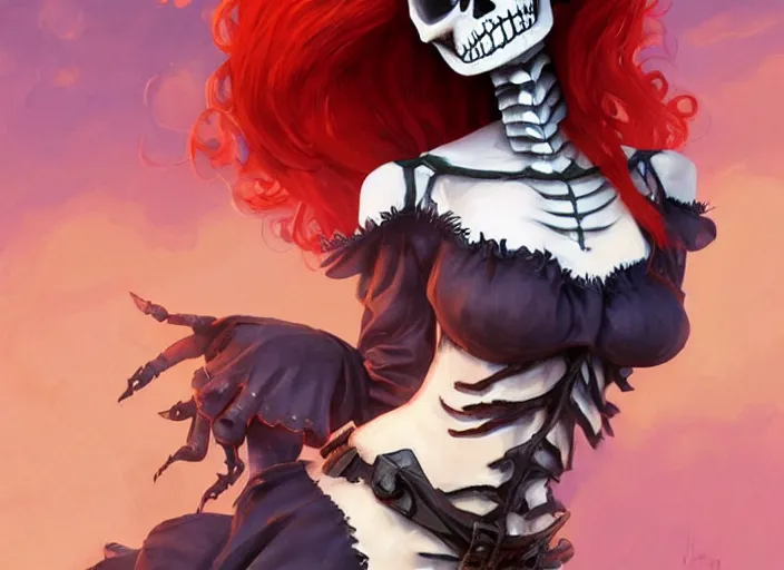 Prompt: cute & beautiful smug smiling mexican undead skeleton girl with red hair dressed as a witch, elegant, digital art, fantasy, pixar style, painting, pin up, highly detailed, artstation, art by artgerm, vrubel, boris vallejo and ilya kuvshinov