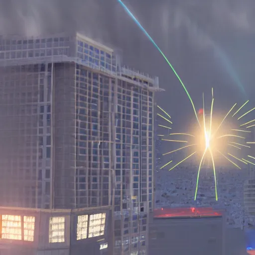 Image similar to building being destroyed by laser strike from the sky, 4k render, viewed from a distance