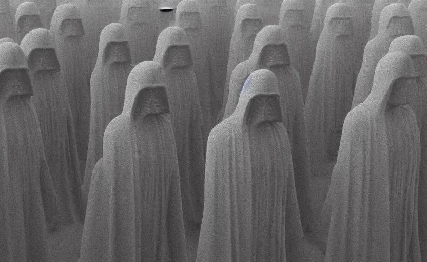 Image similar to screenshot of multiple grey Jedi statues by Zdzisław Beksiński, from 1970s star wars film thriller directed by Stanley Kubrick, iconic scene, 4k UHD still frame, windy hair, cinematic lighting, stunning cinematography, hyper detailed scene, anamorphic lenses, kodak color film stock