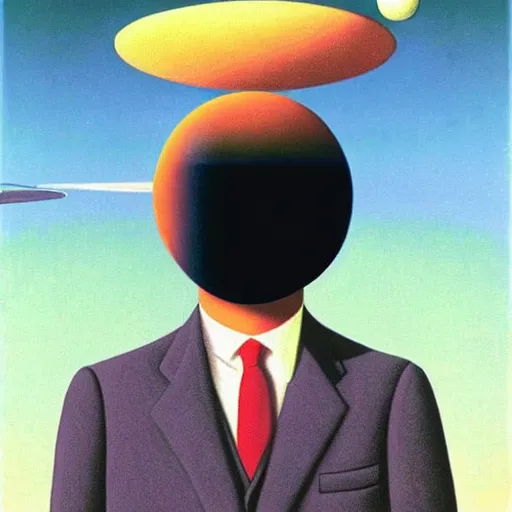 Image similar to a portrait of a well dressed business man, the planet saturn is superimposed over his face!!!, art by Rene Magritte