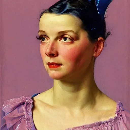 Prompt: frontal portrait of a blue and pink queen, by norman rockwell