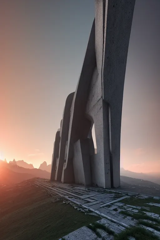 Image similar to sci - fi concrete brutalist architecture in the italian dolomites, zaha hadid, beksinski, photoreal, highly detailed, 8 k, hd, vray, artstation, trending on behance, cinematic matte painting, extreme detail photo quality, orange sunset, featured on behance