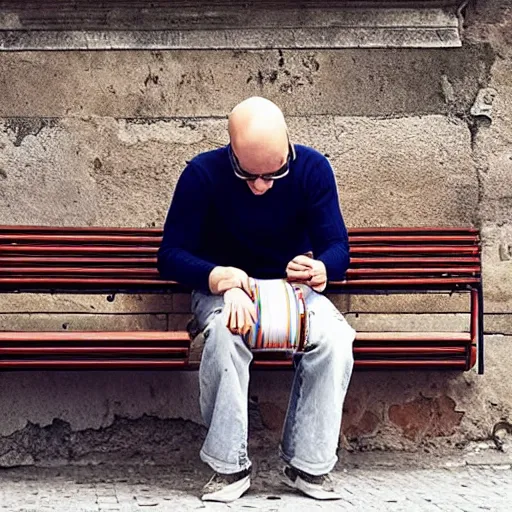 Prompt: bald man, multicoloured head, sitting on a bench, rome, dreamy, hyperrealistic - n