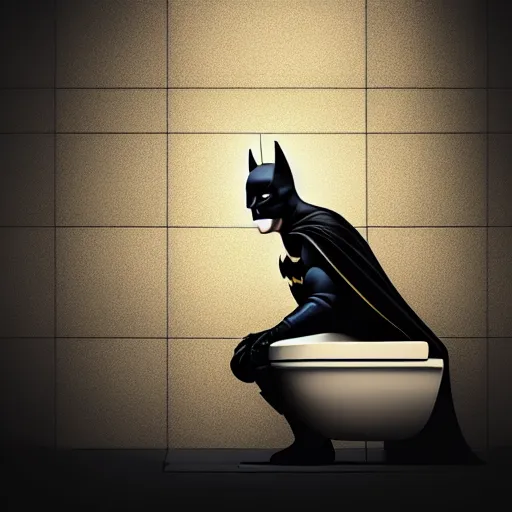 Image similar to low - angle shot of batman sitting on a toilet, dirty tiles in the wall, claustrophobic room, digital art, dramatic lights, realistic, very very detailed, 4 k, dark colours