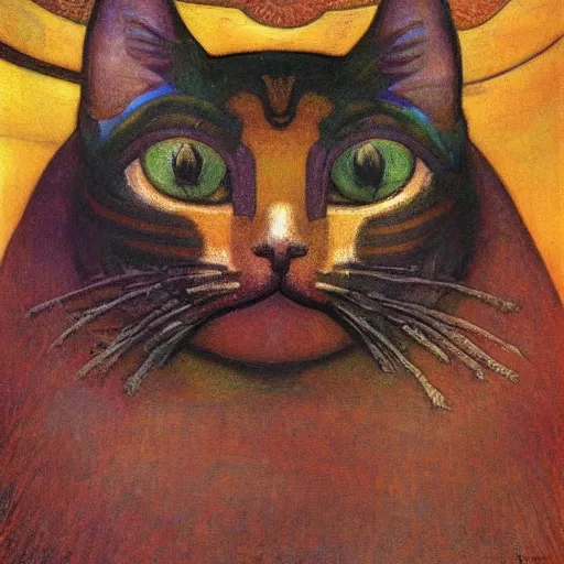 Image similar to cloisonne cat head, by annie swynnerton and diego rivera and nicholas roerich and jean delville, symbolist, dramatic lighting, god rays, elaborate geometric ornament, art brut, rich colors, smooth, sharp focus, extremely detailed, adolf wolfli and ( donato giancola )