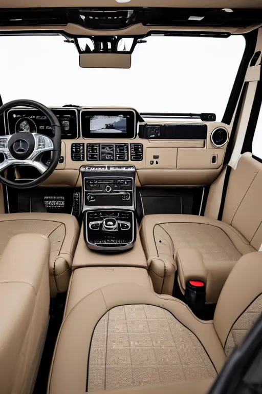 Image similar to Interior photo of a 2018 Mercedes-Benz G63, beige leather, highly detailed, natural light.