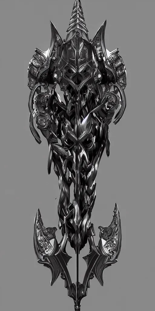 Prompt: a black and silver sword skull crest, ornament, weapon, a 3 d render by dom qwek, front side, concept art, trending on polycount, artstation, hard surface modeling, zbrush, hd, blizzard, symmetry