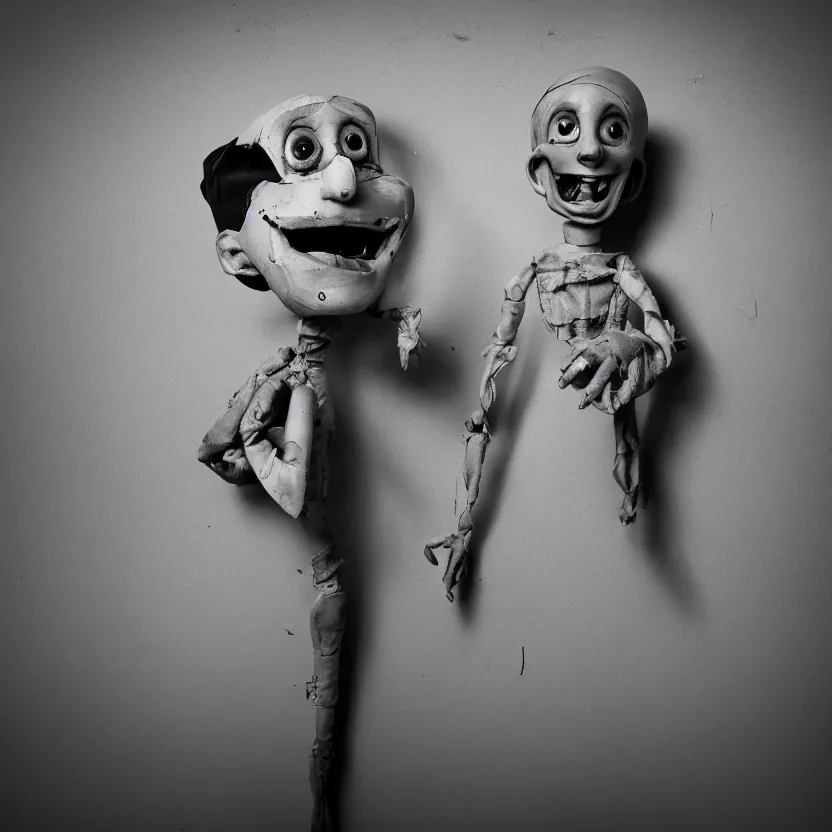 Image similar to creepy ventriloquist dummy in the style of roger ballen, 4 k, bw, portrait