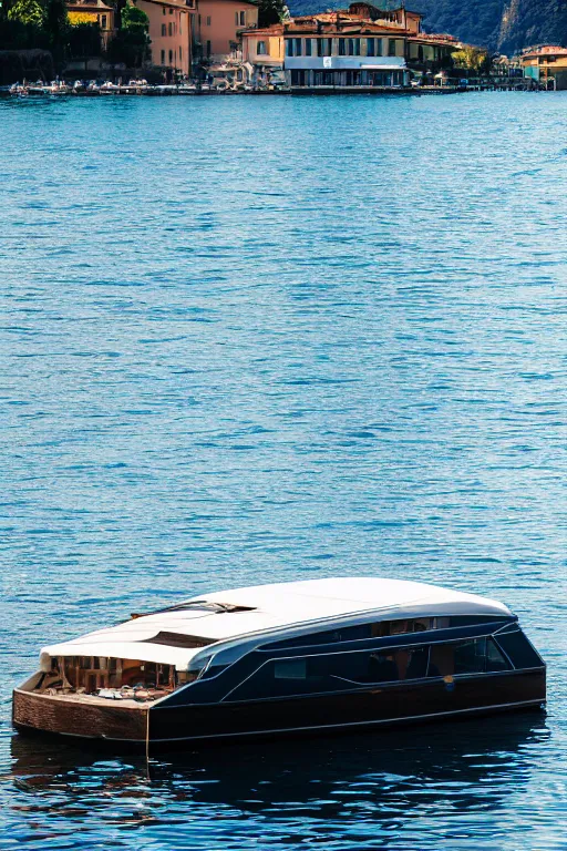 Prompt: Photo of a Riva Aquarama floating near a dock with Lake Como in the background, wide shot, daylight, blue sky, summer, dramatic lighting, award winning, highly detailed, 1980s, luxury lifestyle, fine art print, best selling.