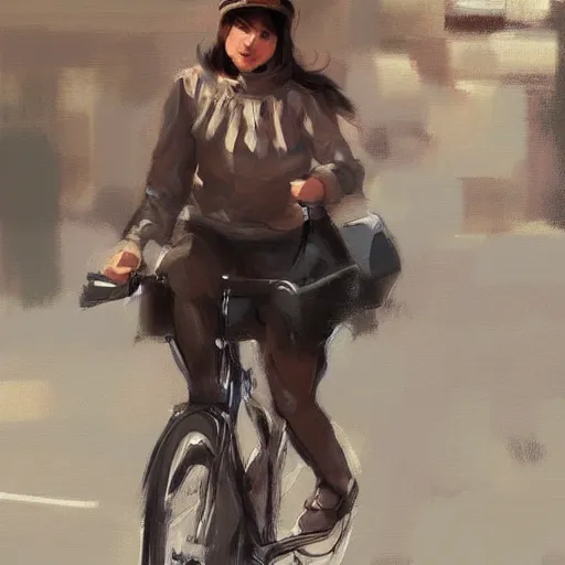 Image similar to Expressive painting of girl riding a bicycle, digital art by Krenz Cushart, trending on artstation