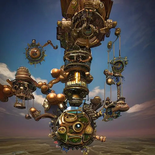 Prompt: flying city in a mechanical flower flower flower flower, sky, steampunk!!!, fantasy art, steampunk, masterpiece, unreal engine