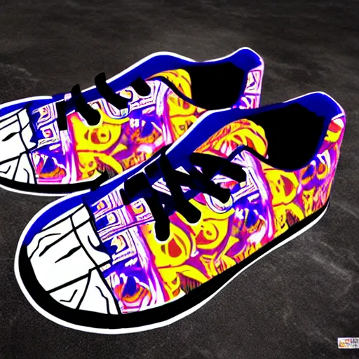 Image similar to fantasy anime jrpg sneaker design designed for goku, chrono trigger guilty gear style, aztec mayan street fashion native punk sneaker design, hip hop sneaker design with subtle mayan patterns, gapmoe yandere grimdark, trending on pixiv fanbox, painted by greg rutkowski makoto shinkai takashi takeuchi studio ghibli, akihiko yoshida