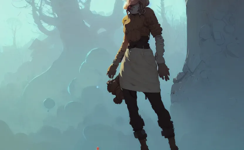 Image similar to female druid by atey ghailan, by greg rutkowski, by simon stalenhag, by greg tocchini, by james gilleard, by joe fenton, by kaethe butcher dynamic lighting, gradient light blue, brown, blonde cream and white color scheme, grunge aesthetic