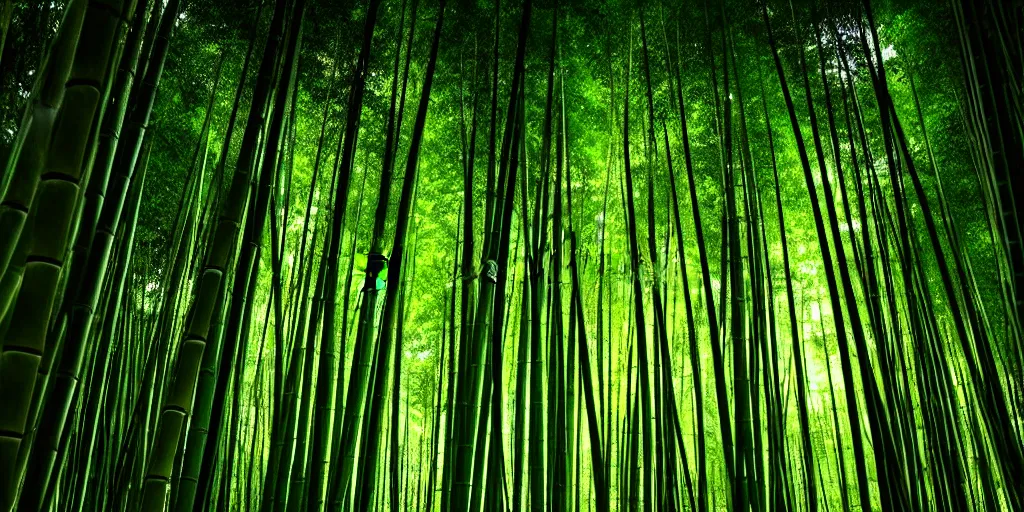 Prompt: bamboo forest at night with glowing algae in the tree trunks, mystical ambiance, desaturated