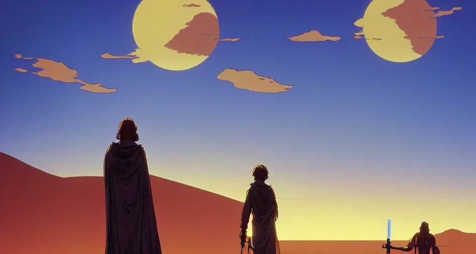 Image similar to beautiful wide shot tatooine landscape, Luke skywalker watches sunset, Star Wars a new hope 1977, studio ghibli, Miyazaki, Greg rutkowski, Alphonse mucha, Moebius , animation, golden hour, highly detailed, hdr, vivid color, 70mm