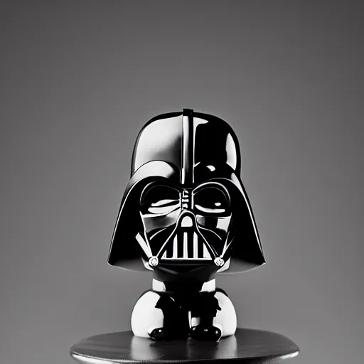 Image similar to a black and white darth vader figurine sitting on top of a table, a macro photograph by Craola, featured on zbrush central, mingei, made of rubber, goth, black background