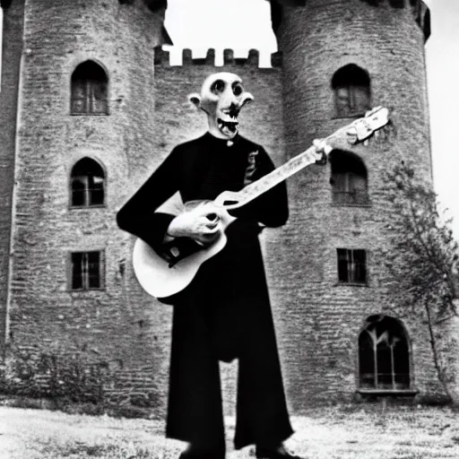 Image similar to vintage photograph of count orlok outside his castle, playing the blues on guitar, castle in the background, 4 k