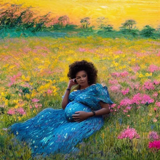 Image similar to pregnant east african woman with curly hair in a vast field of flowers, laying down, looking into the distance, with a tiny black puppy running around the field, golden hour, vintage, impressionist painting, fine art, oil painting, dreamy, pastel, laughing, happy, intricate details, sharp, peaceful, serene