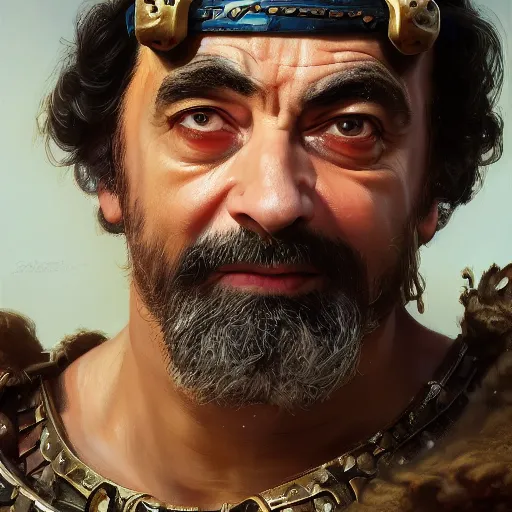 Image similar to portrait of Rowan Atkinson as a barbarian, detailed, centered, digital painting, artstation, concept art, donato giancola, Joseph Christian Leyendecker, WLOP, Boris Vallejo, Breathtaking, 8k resolution, extremely detailed, beautiful, establishing shot, artistic, hyperrealistic, octane render