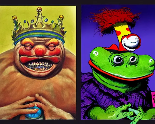 Image similar to The Clown Frog King wins the jackpot, king pepe with rainbow wig, painting by Frank Frazetta, sketch by Robert Crumb and painting by Ralph McQuarrie