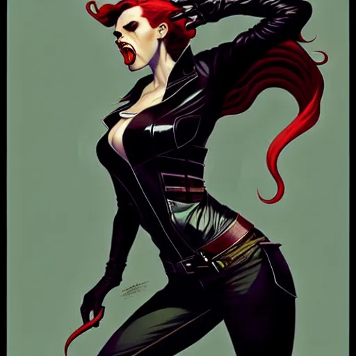 Image similar to rafael albuquerque comic art, art nouveau, peter mohrbacher, artgerm, pretty scarlett johansson vampire sharp vampire teeth open mouth, symmetrical eyes, black leather jacket, jeans, long blonde hair, full body