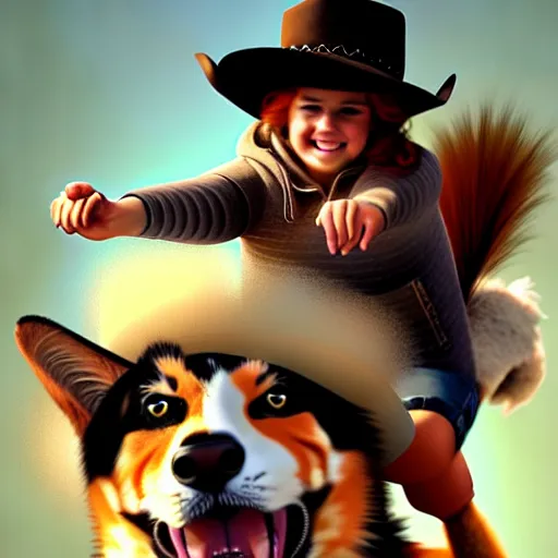 Image similar to fluffy cat in cowboy hat like a tiny girl riding on the back of a giant corgi, by greg rutkowski