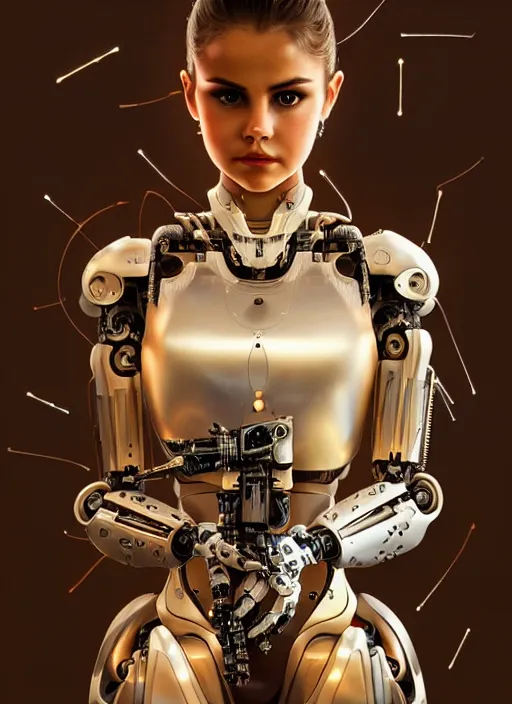 Image similar to portrait of a beautiful female robot from the future wearing biomechanical armor, selena gomez, carrying a rifle, intricate, elegant, glowing lights in armor, highly detailed, digital painting, artstation, glamor pose, concept art, smooth, sharp focus, illustration, epic angle, art by artgerm and greg rutkowski, artey freytag, alvin schwartz