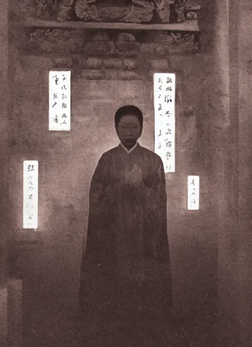 Image similar to old vintage photo of godly Chinese ancient sentiel standing in the ancient temple during magical ritual, symmetrical face, big eyes and lips, looking down, subtle makeup, clean face and body skin,ecstatic expression,volumetric lights,depth of field, lens flares, dust in the air, moody lighting, intricate, elegant, highly detailed, centered, smooth, sharp focus, Donato Giancola, Joseph Christian Leyendecker, WLOP, Boris Vallejo, Artgerm moody photography, old photo, black and white, sepia, cinematic lighting, cinematic angle, national geographic