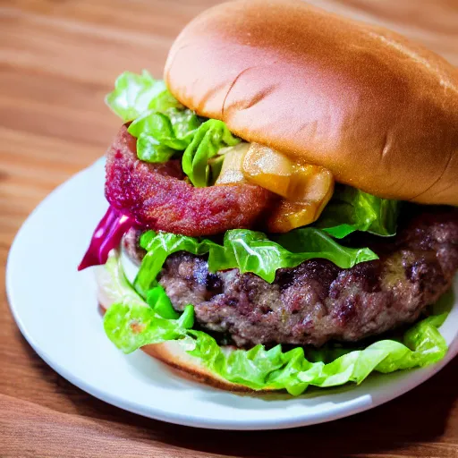 Prompt: Thick burger, multiple patties, huge burger, too big to eat, restaurant photography, food photography, 35mm lens up-close shot