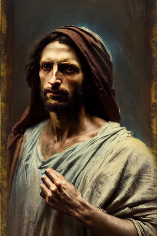 Image similar to photograph imax and solomon joseph solomon and richard schmid and jeremy lipking victorian loose genre loose painting full length portrait painting of jesus