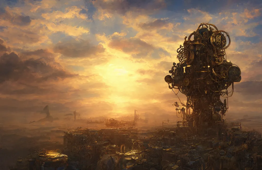 Prompt: Giant steampunk brass habitats floating above the clouds at sunset, vibrant digital concept art painting by greg rutkowsky and Santeri Soininen, trending on artstation