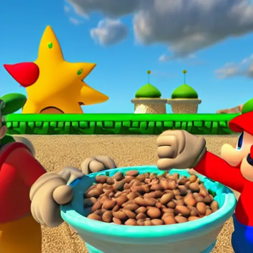 Image similar to mario and luigi on the beach eating beans, the sun setting in the background