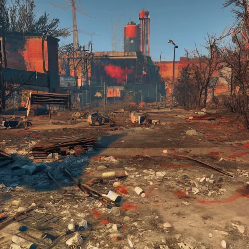 Image similar to nuka cola bottling plant, atlanta in ruins post - nuclear war in fallout 4, in game screenshot