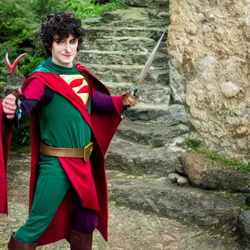 Image similar to DC's character Robin costume as Frodo, dslr photo