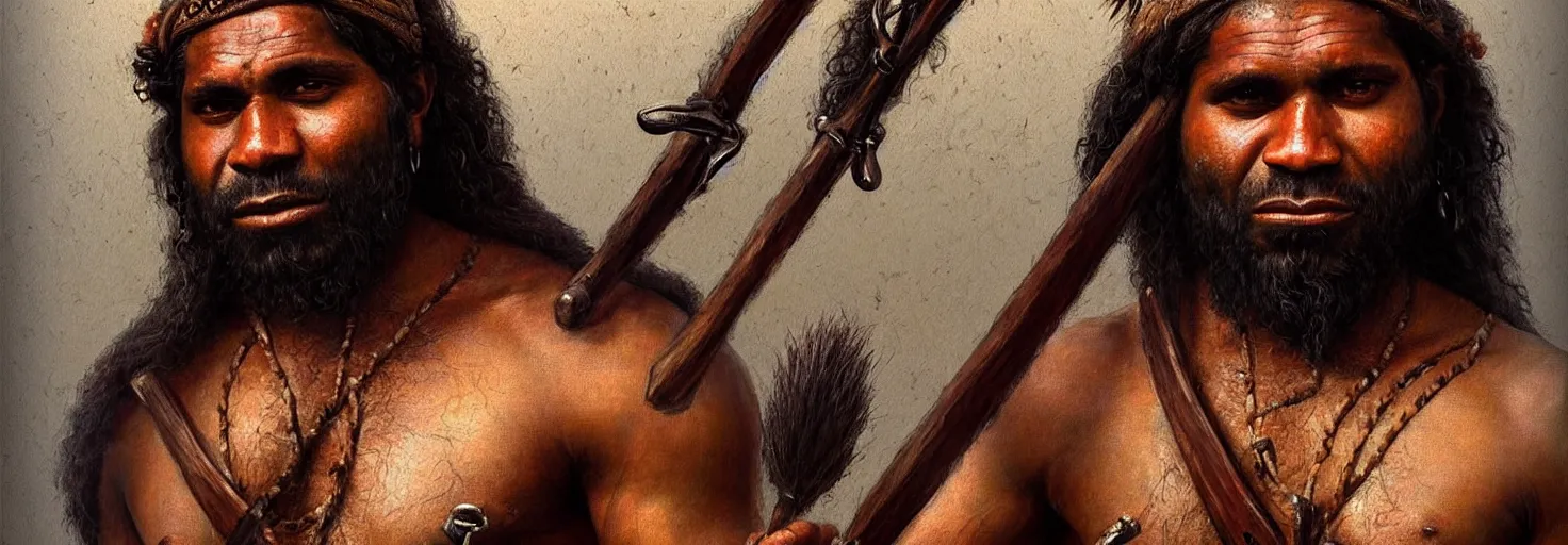 Prompt: renaissance upper body portrait of a gruff ranger with a spear, Australian Aborigine Aboriginal Indigenous Australian Koori Murri Nyoongah, lean and toned, handsome face, hairy chest, D&D, intricate, elegant, highly detailed, digital painting, artstation, concept art, matte, sharp focus, illustration, art by da Vinci, Artgerm and Greg Rutkowski and Alphonse Mucha