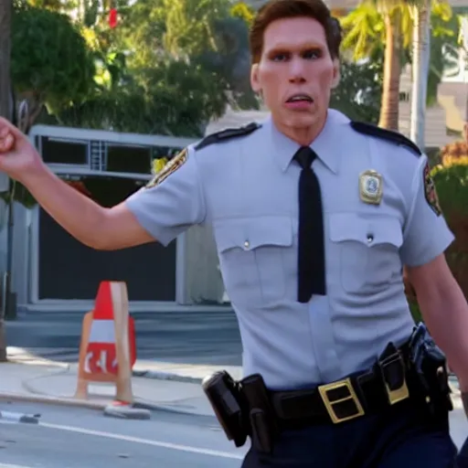 Image similar to Live Action Still of Jerma985 in Beverly Hills Cops, real life, hyperrealistic, ultra realistic, realistic, highly detailed, epic, HD quality, 8k resolution, body and headshot, film still