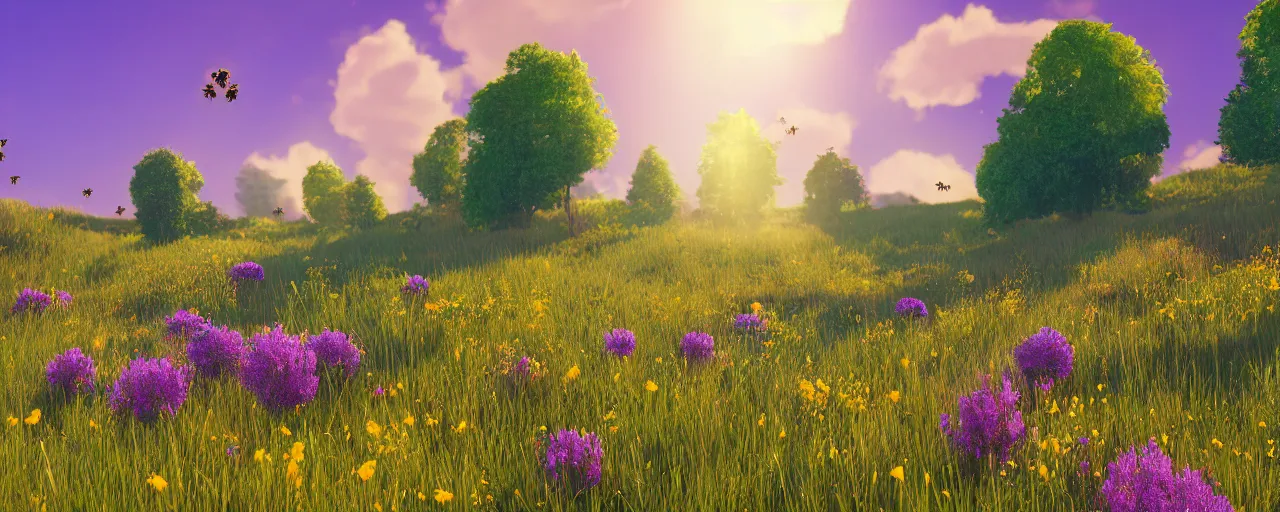 Prompt: a beautiful meadow landscape with cute happy bees flying, flowers, happy trees, photorealistic, octane render, rtx, hdr, unreal engine, digital art widescreen 8 k