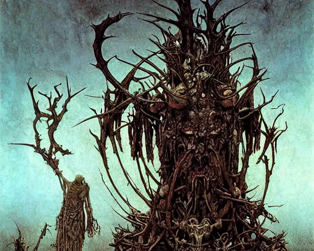 Image similar to Ancient cultic ritual totem made of horns and thorns by Beksinski, Arthur Rackham, Eugene de Blaas, Dariusz Zawadzki, Wayne Barlowe